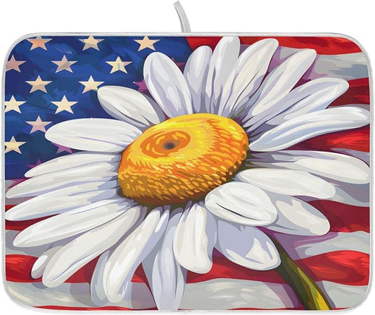 Daisy Flowers and American Flag Dish Drying Mat for Kitchen Ccounter Absorbent Microfiber Small Drying Pad Dish Mats for Kitchen Countertops 16 x 18 Inch