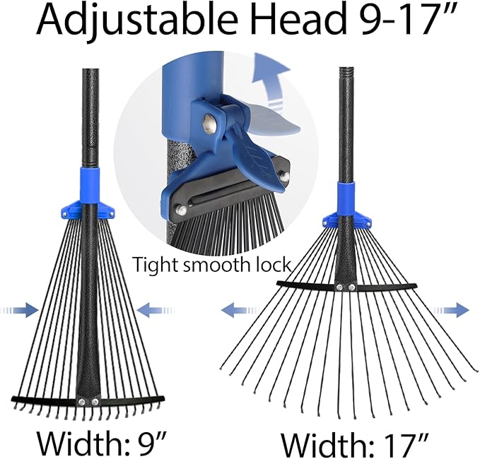 Adjustable Metal Leaf Rake Long Handle, Garden Rakes for Lawns Heavy Duty Leaves with Expandable Head 8-17", Yard Women Kids Rake for Gardening RV Camping