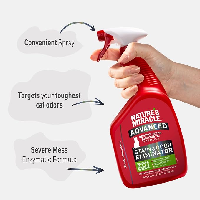 Nature's Miracle Advanced Cat Stain and Odor Eliminator Spray,Severe Mess Enzymatic Formula,32 fl oz,(Pack of 2)