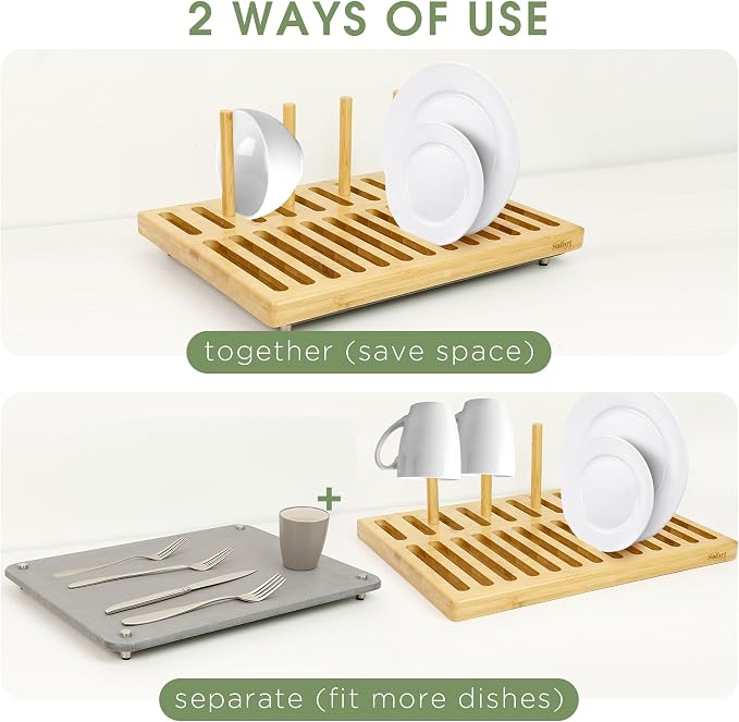 Sofort Stone Drying Mat for Kitchen Counter, Quick Dry Ultra Absorbent Dish Drying Mat with Bamboo Rack, Diatomaceous Earth Drying Pad for Dishes, Plates, Mugs 16″x12″