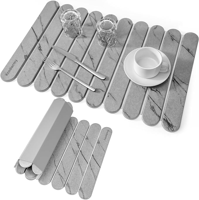 Stone Drying Mat for Kitchen Counter, 24"x16" Quick Dry Stone Dish Drying Mat, Foldable Absorbent Diatomaceous Earth Pad for Plates Cups Utensils (Gray)