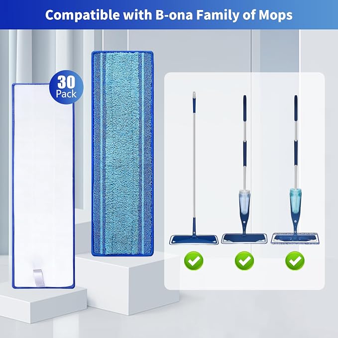 30-Pack Microfiber Mop Pads for Bona Mop- Washable Reusable Refills for Hardwood, Tile & Multi-Surface Floors | Pet Hair & Stain Remover