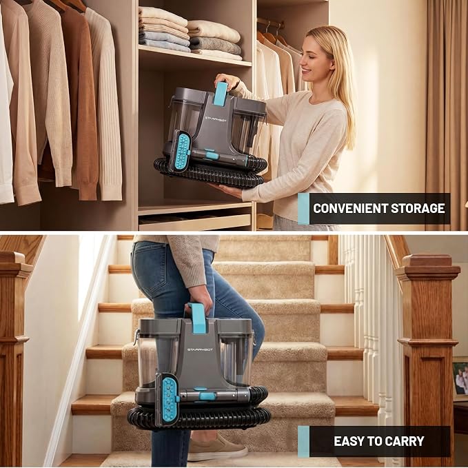 Starrybot Portable Carpet Cleaner with Steam, 18Kpa Spot Cleaner | Steam and heating technology help lift pet messes, couch stains, stair spots, rugs, and furniture dirt.