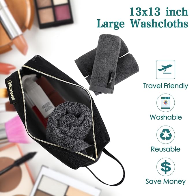 Wash Cloth 12 Cnt,Large Face Towel for Sensitive Skin,13x13 in,White+Grey | 100% Viscose,Women Makeup Removal,Soft,Gently Wash Face and Body,Extra Rinsed,Hanging Loop,Face Cleansing,Bathroom,Travel Use