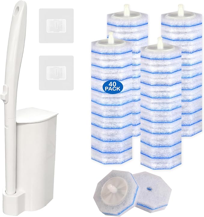 Disposable Toilet Brush and Holder Set, 40 Pre-Filled Refills, 5X Powerful No-Shed Pads, 360° Deep Toilet Bowl Clean, Toilet Bowl Cleaners with Storage Caddy & Adhesive Hooks