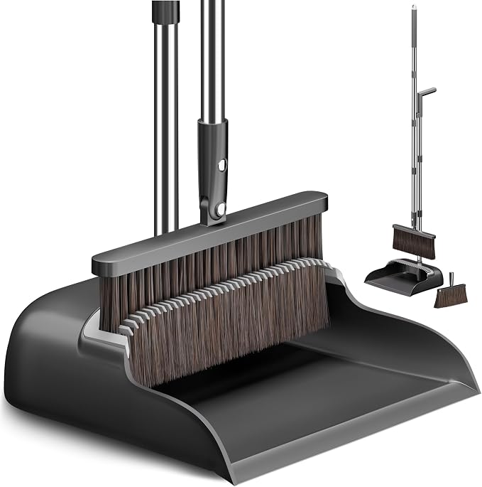 CTIME Broom and Dustpan Set, Adjustable with Dust Pan Teeth | 52" Long Handle Standing Dustpan Set , Extra Brush Head for Home Kitchen Office Lobby