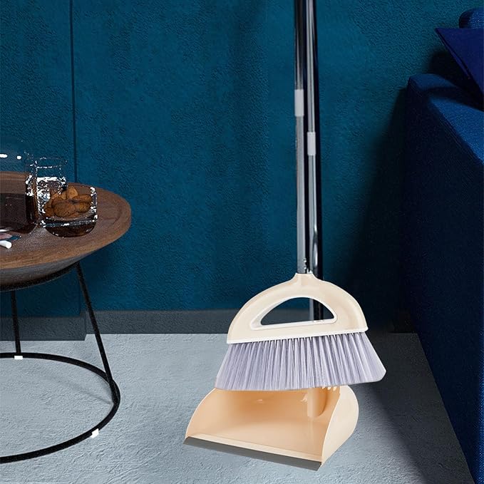 Broom and Dustpan Combo for Office, Broom and Dustpan Set for Home, Long Handle Broom with Upright Standing Dustpan,Indoor&Outdoor Sweeping