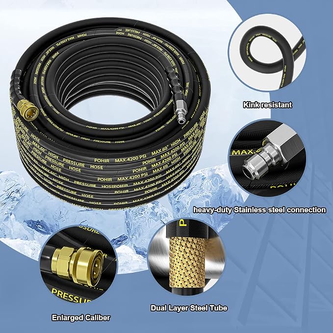 Power Washer Hose 125FT, High Pressure Washer Hose with 3/8'' Quick Connector, Steel Wire Braided Hose with 2 Quick Connect Kits Compatible M22 14 mm, Hose for Pressure Washer 4200 PSI | 2pcs Quick Connect with M22 14mm Adapters, Steel Wire Braided 1/4...
