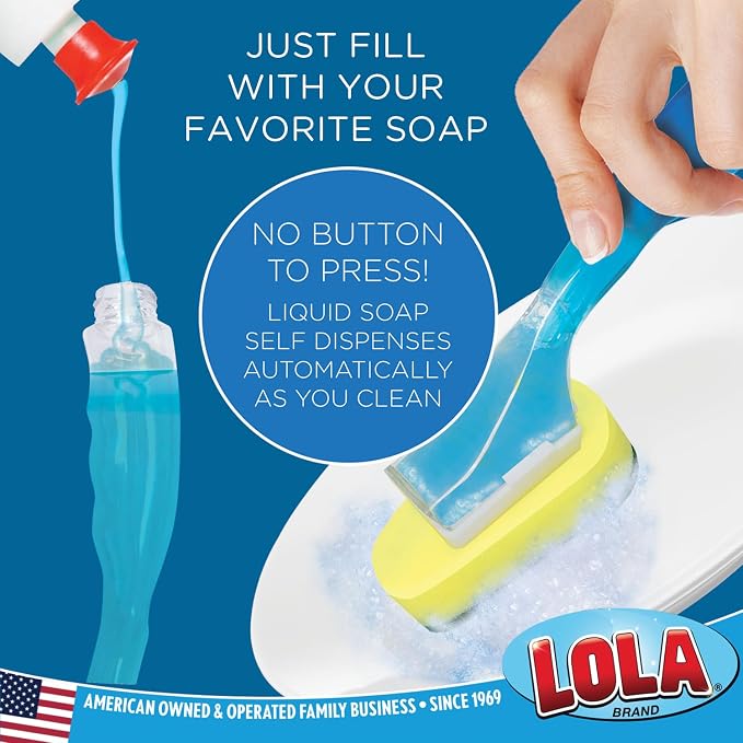 LOLA Soap Dispenser Dish Brush Wand, Absorbent Sponge Scrubber, No Leaking. Clean Dishes, Sinks and Cookware, 1 Brush w/Head