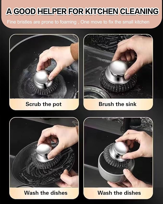 8 Pcs Steel Wool Scrubbers with 2 Pcs Handle,Stainless Steel Scouring Pads for Cast Iron Skillets, Grill & Kitchen Pots - Rust Resistant, Non-Splintering Heavy Duty for Tough Grease