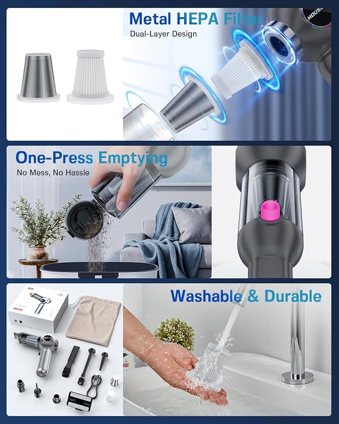 houscly Car Vacuum Cordless Mini Handhled 4-in-1 High Power Cleaner 25000Pa | Brushless motor-8000mAh-Rechargeable-Duster blower-Pet hair crumb cleaning for car sofa office desk- Ideal gifts for men