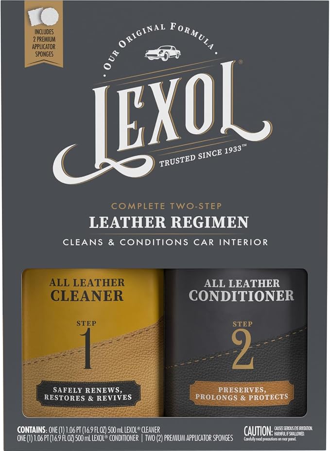Leather Cleaner & Conditioner Kit by Lexol for Furniture, Car Interior, Shoes, Handbags, Includes 2 Application Sponges, Two-Step System, 16 Oz Each
