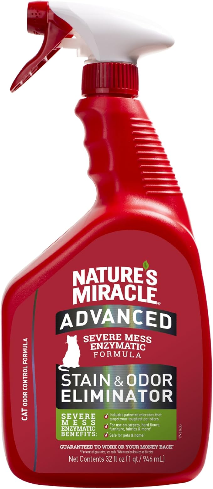 Nature’s Miracle Advanced Cat Stain & Odor Eliminator, Severe Mess, 32 oz | Enzymatic Cleaner Eliminates the Toughest Cat Messes, For Use on Multiple Surfaces, Safe For Pets and Home*, Fresh Scent