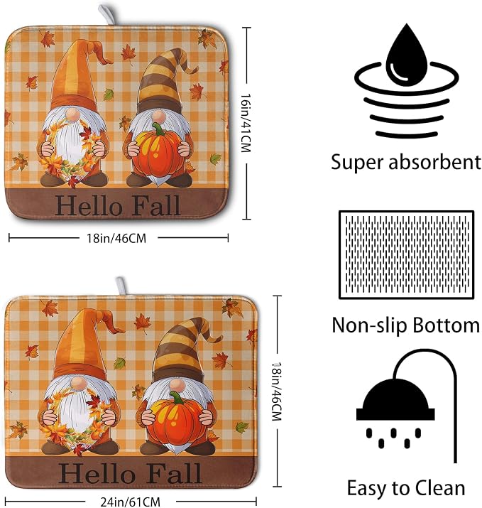 Hello Fall Autumn Gnomes Dish Drying Mat 16x18 Thanksgiving Pumpkin Maple Leaves Harvest Kitchen Drying Mat Orange White Buffalo Plaid Dish Drainer Mat Ultra Absorbent Dish Rack Pad for Coffee Bar