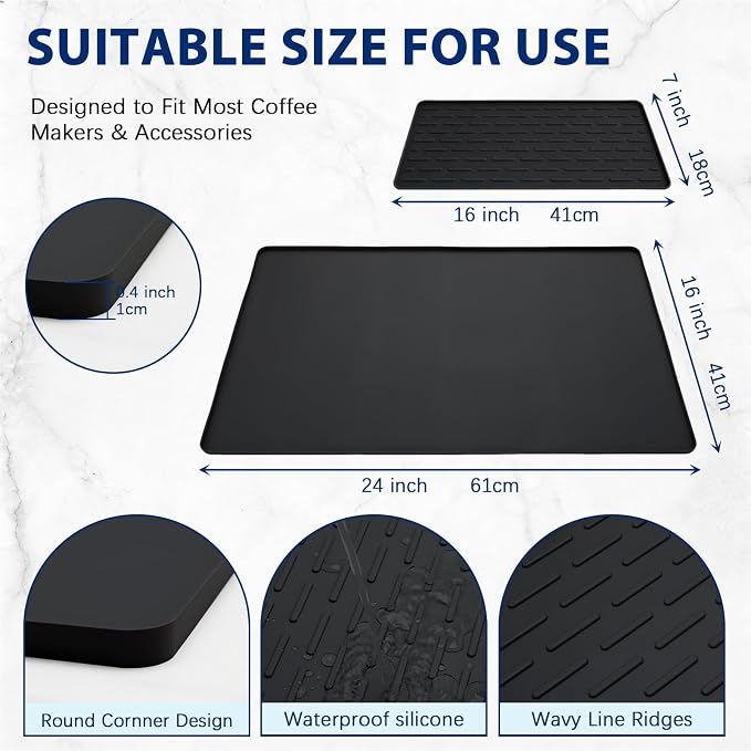 Silicone Coffee Mat 24" x 16", Heat Resistant Non Slip Leak Proof with Concave Convex Design & Detachable Drying Layer, Coffee Bar Mat for Espresso Machine, Coffee Maker Countertops (Black)