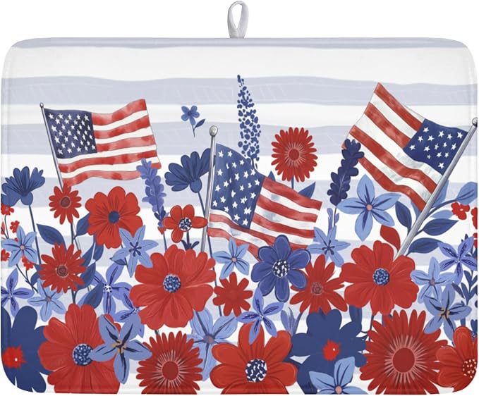 Patriotic Floral Dish Drying Mat for Kitchen Counter 4th of July American Flag Microfiber Dish Drainer Mat Red and Blue Flower Absorbent Washable Drying Pad 18"x24"