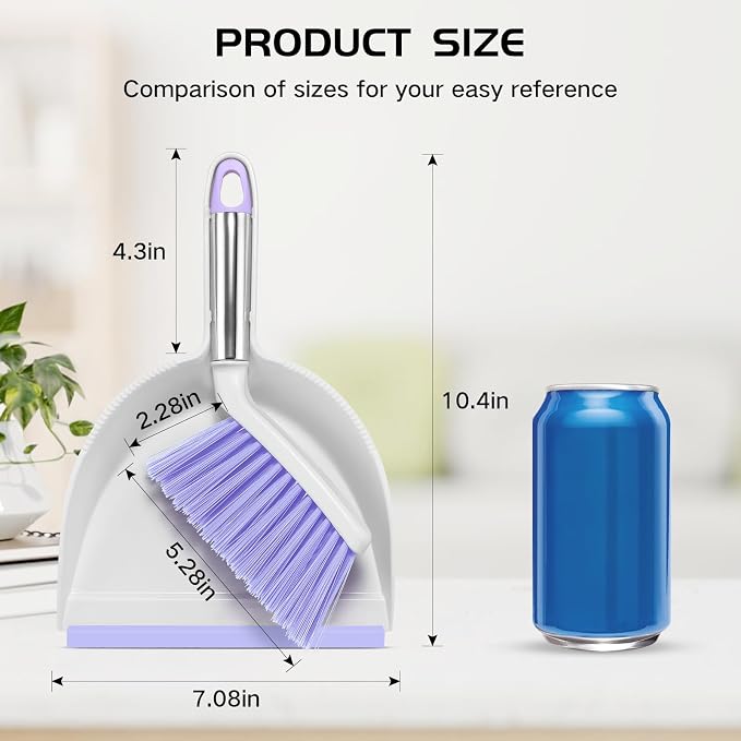 NACENA Mini Broom and Dustpan Set 2 Packs, Small Dust Pan and Brush Set with Handle Dustpan Teeth for Cleaning Hair Suitable for Office Desks Drawers Sofas Outdoor Camping, Light & Purple