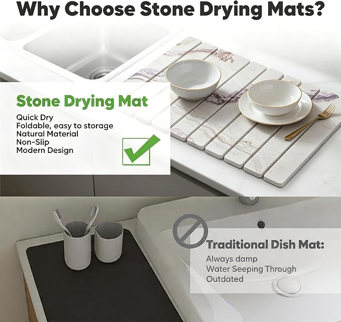 Stone Drying Mat for Kitchen Counter, Quick Diatomaceous Earth Mats for Dishes, 24"L x 16" W Super Absorbent Fast-Drying Collapsible Countertop Stone Mat (Marble White-06, 24" x 16")