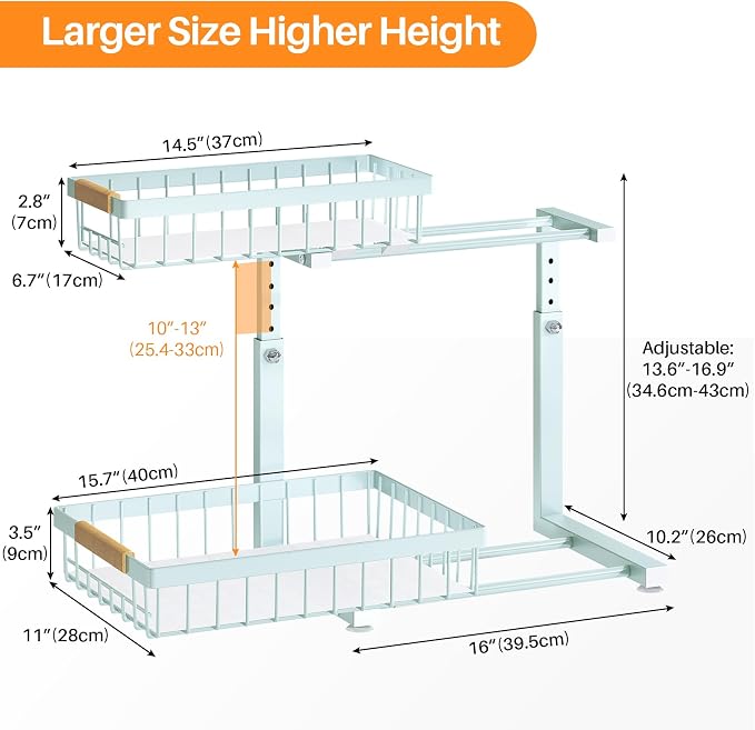 PXRACK Under Sink Organizer, Adjustable Height, 2 Tier Pull Out Under Cabinet Organizer, Slide Out Thickened Metal Under Sink Storage for Kitchen Bathroom Laundry Pantry Cabinet, Blue, Large-2-Pack