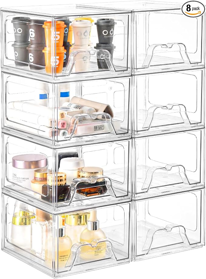 Stebopum 8 Pack Stackable Makeup Organizer, 4.4'' Tall Acrylic Bathroom Makeup Organizer and Storage Drawer with Pull-out Handle, Clear Plastic Storage Bins for Vanity,Pantry,Desk,Undersink,Kitchen