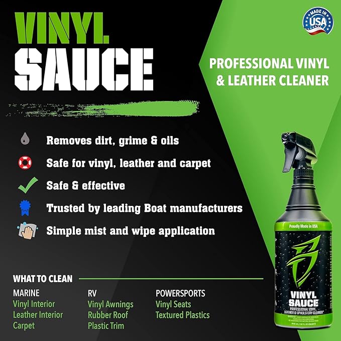 Boat Bling Vinyl Sauce Boat Seat and Upholstery Cleaning Spray, 20 oz | Marine cleaner lifts grime and sunblock from vinyl interiors with a non-caustic mist-and-wipe formula; OEM approved