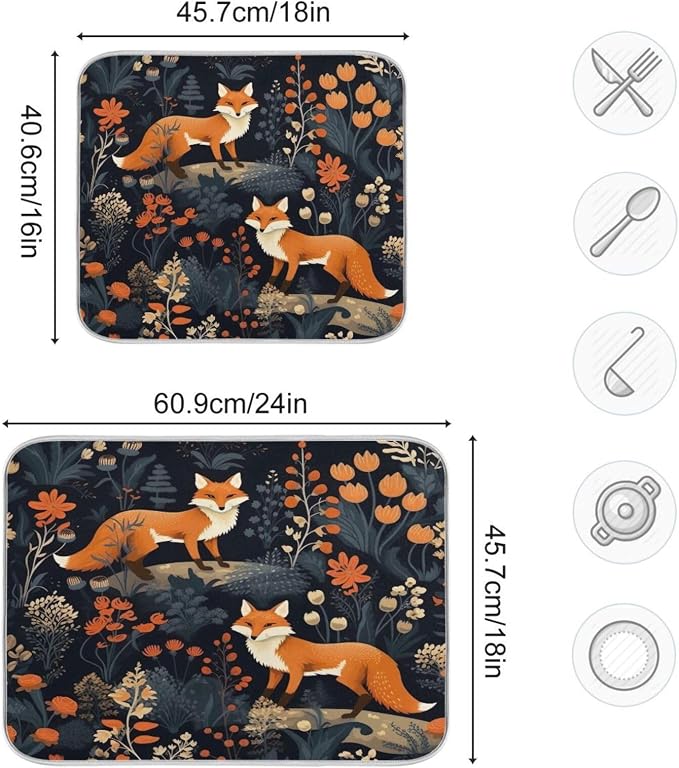 Dish Drying Mat Kitchen Counter Absorbent Two Foxes Coffee Sink Mat Dish Drainer Pad 18 Inch x 24 Inch