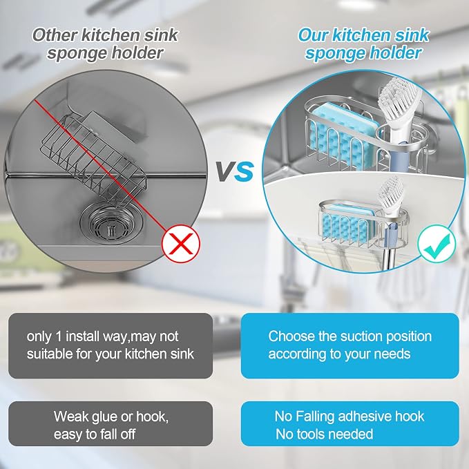 2-in-1 Sponge Holder for Kitchen Sink, Sink Caddy Kitchen Sink Organizer with 3 Suction Cups, No Drill Rustproof Sink Sponge Holder for Dish Brush, Soap & Sponge (Silver)
