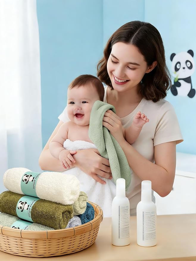 HIPHOP PANDA Baby Washcloths, Rayon Made from Bamboo - 2 Layer Ultra Soft Absorbent Newborn Bath Face Towel - Reusable Baby Wipes for Delicate Skin - Sage and Teal, 6 Pack