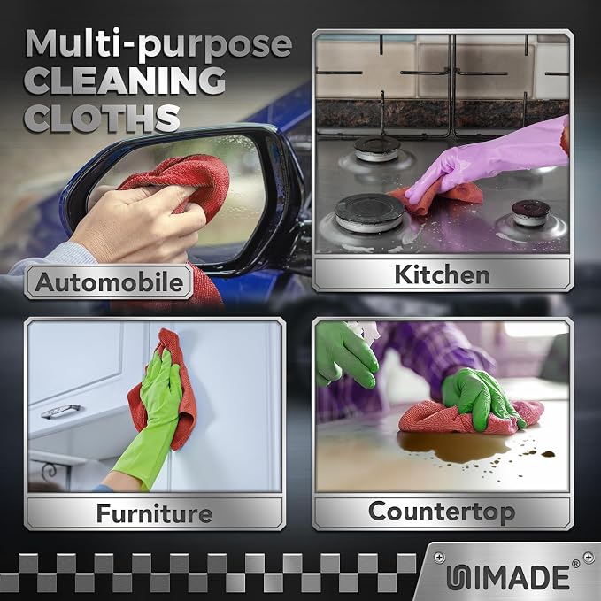 UNIMADE Shop Towels, 100 Pack Commercial Grade Work Rags Microfiber Towels for Cars Cleaning Rag Bulk Detailing Cloth for Automotive Bar Mechanic Restaurant Garage Housekeeping, 11.5"x 11.5", Red