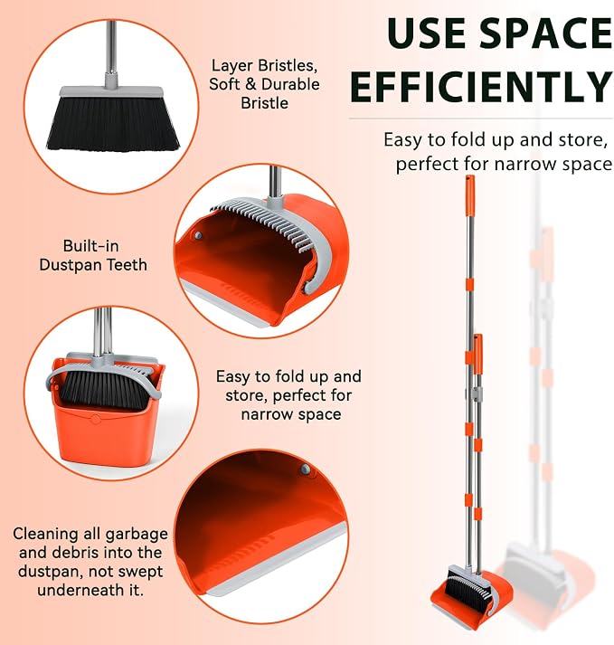 YZO Broom with Dustpan Combo Set, 54.33 Inch Long Handle Standing Design, Dustpan Front Rubber Tight Seal, Broom with 5 Layer Bristles, Suitable for Living Room, Yard, Office and Apartment (Orange)