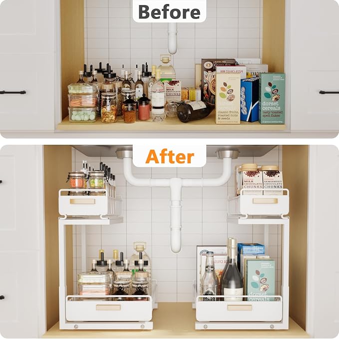 Under Sink Organizer 1 Pack Pull Out Cabinet Organizer with Ball Bearing Sliding Drawer 2 Tier Adjustable Storage Rack Heavy Duty for Kitchen Bathroom White