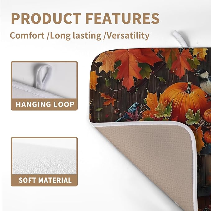 Fall Pumpkin Kitchen Drying Mat 16x18 Inch - Autumn Maple Leaves Bird Dish Mat for Kitchen Counter - Microfiber Absorbent Pad for Dishes, Coffee Bar