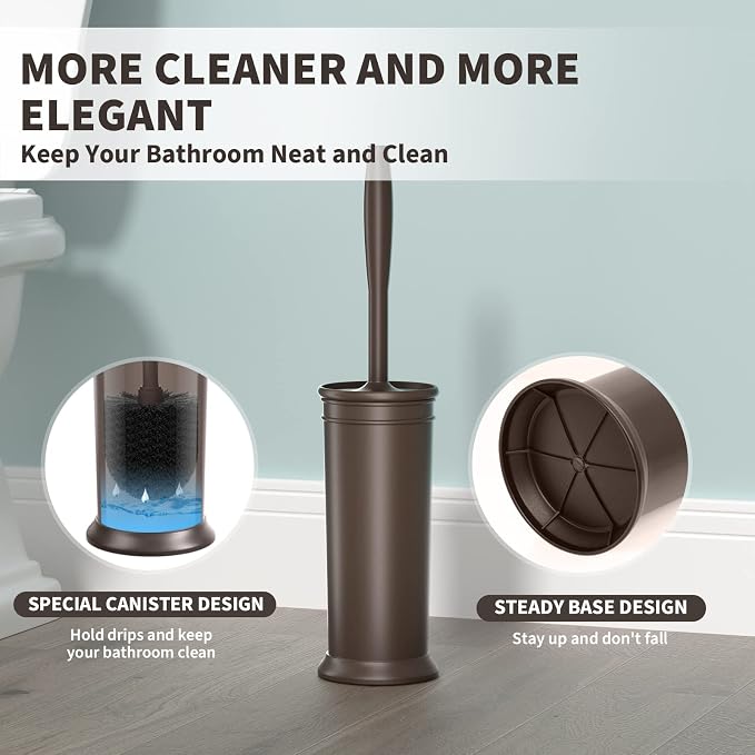 Toilet Brush and Holder 2 Pack, Toilet Bowl Brush with Extra Long Handle, Toilet Scrubber and Covered Holder, Toilet Brushes for Bathroom-Space Saving, Covered Brush, Durable, Deep Cleaning(Bronze)