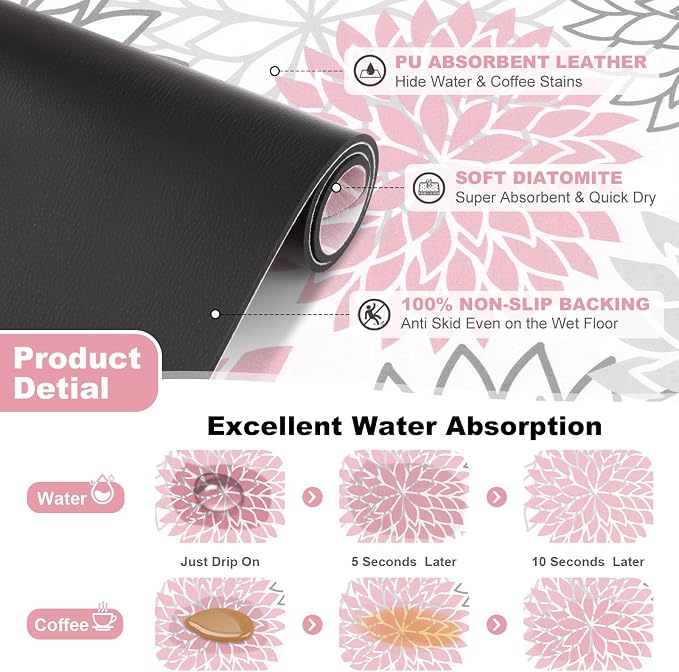 Findosom Dish Drying Mat, 12" x 20" Super Absorbent Dish Mat with Floral, Hide Stain Drying Mat for Kitchen Counter, Under Dish Rack, Coffee Maker, Espresso Machine, Pink