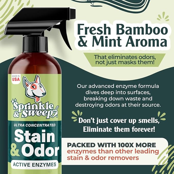 Sprinkle & Sweep: Pet Mess & Odor Cleanup Bundle - 15oz Bag, Dustpan Broom, 24oz Enzyme Stain Spray - Dog Accident Clumping Powder & Spot Treatment
