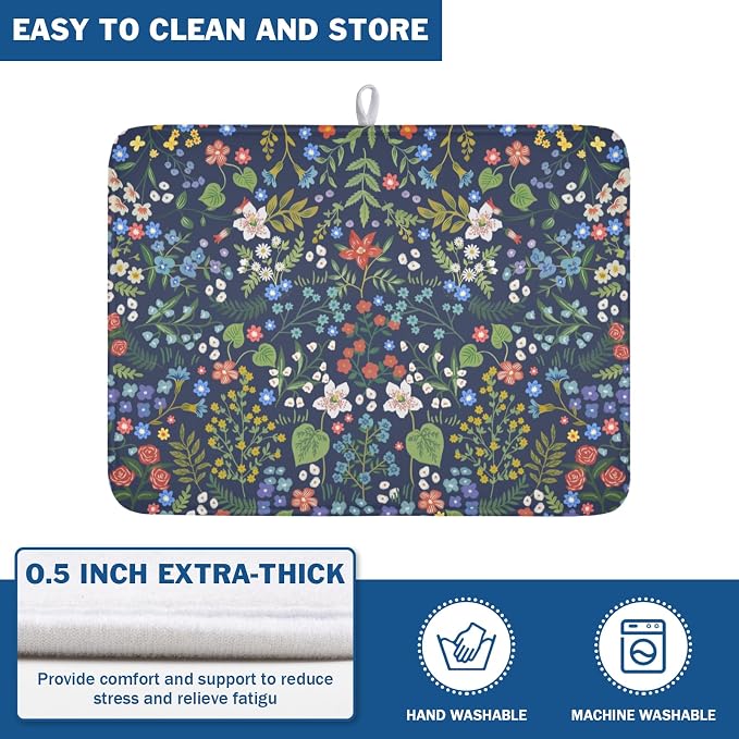 Flower Floral Dish Drying Mat 18x24 inch Microfiber Navy Blue Drying Mats with Hanging Loop Absorbent Green Leaves Dish Drainer Mat Reversible Flowers Drying Pad for Kitchen Counter Sink