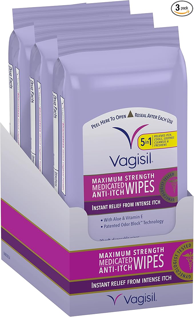 Vagisil Wipes, Anti-Itch Medicated Feminine Vaginal Wipes, Maximum Strength, Instant Relief, 20 Wipes (Pack of 3)