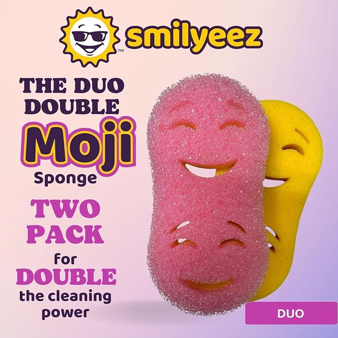 Smilyeez Double-Size Scrub Moji Duo Sponge 2-Pack – Dual Smiling Faces, Temperature-Responsive Scrubber – Scratch-Free, Odor & Stain Resistant