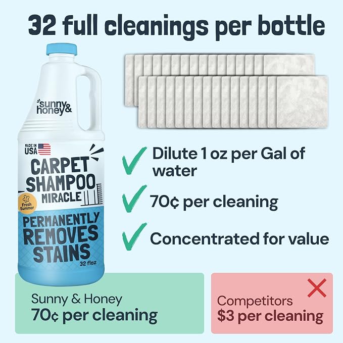 Sunny & Honey Carpet Cleaner Shampoo Solution for Machines, 32floz Summer | USA Made - Stain and Odor Eliminator - Cleans Carpets and Upholstery - For Upright and Spot Cleaners - Concentrated Formula