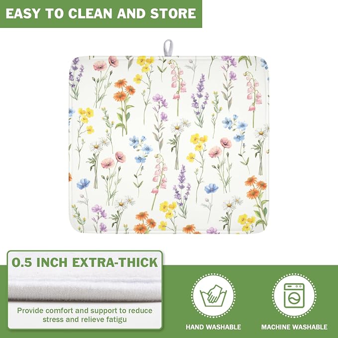 Spring Summer Colorful Floral Dish Drying Mat 16x18 Inch | Wildflower，Polyester，Absorbent Microfiber，for Kitchen Coffee Dining Bar Decor