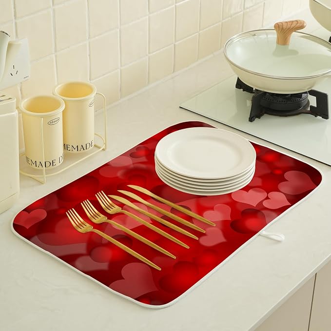 Red Valentines Dish Drying Mat 18x24 Inch Red Hearts Dish Drainer Protector Pad for Kitchen Counter Absorbent Holiday Drying Pad for Drainer Rack Kitchen Fast Dry