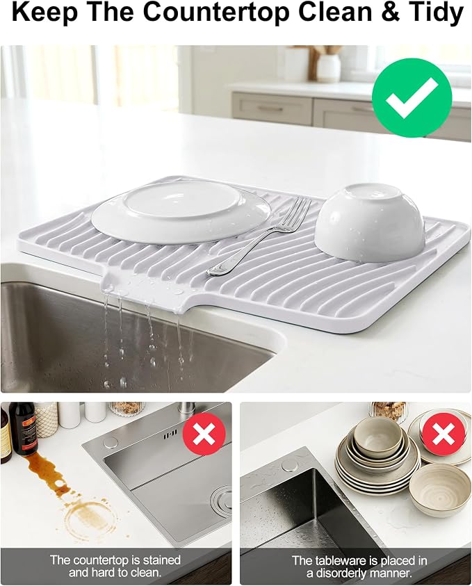 Silicone Dish Drying Mat for Kitchen Counter, Non-Slip Drain Pad with Built-in Drain, Heat Resistant Dish Drying Pad, Multi-Use Drying Mat, Dishwasher Safe & Hangable, White, 19.7" x 15"