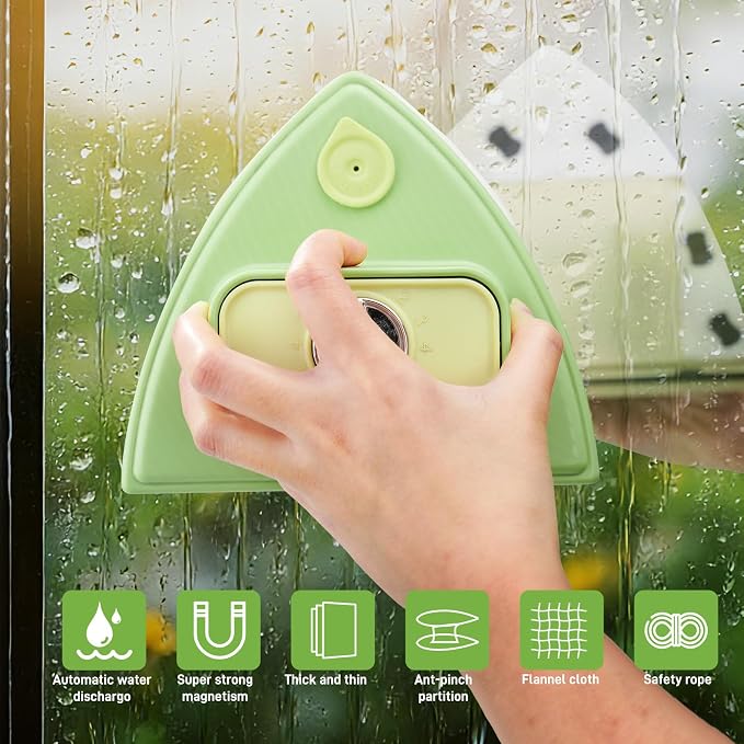 Double-Sided Magnetic Window Cleaner, Green | Adjustable Magnetic Double Window Wiper, Fits 3-30mm Glass Thickness, 2.5m Safety Rope for High-Rise & Auto Glass