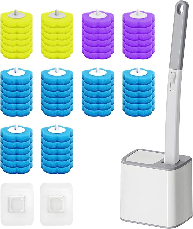 Disposable Toilet Brush Cleaning System, Disposable Toilet Cleaner Wand and Holder Set with 60 Toilet Wand Refills, Extended Handle for Toilet Bowl Cleaners, Bathtub, Bathroom Cleaning