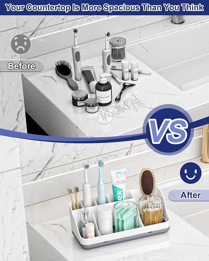 Bathroom Counter Organizer and Storage with 2 Pack Qtip Holder Dispenser, 7 Slots Detachable Toothbrush Holders for Bathrooms, Anti-Slip Electric Toothbrush and Toothpaste Holder Countertop