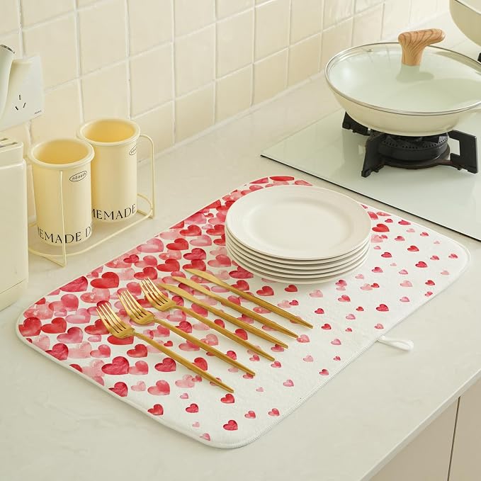 Valentines Dish Drying Mat 18x24 Inch Watercolor Red Pink Love Hearts Drying Mat Anniversary Day Holiday Absorbent Dish Drying Pad Dish Rack Drainer Mats for Kitchen Dining Counter