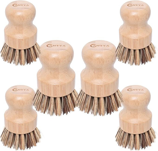 6 Packs Bamboo Dish Scrubber - Hard Bristle Natural Bristle Brush Union Fiber and Tampico Fiber Bamboo Dish Brush for Washing Cast Iron Pan/Pot