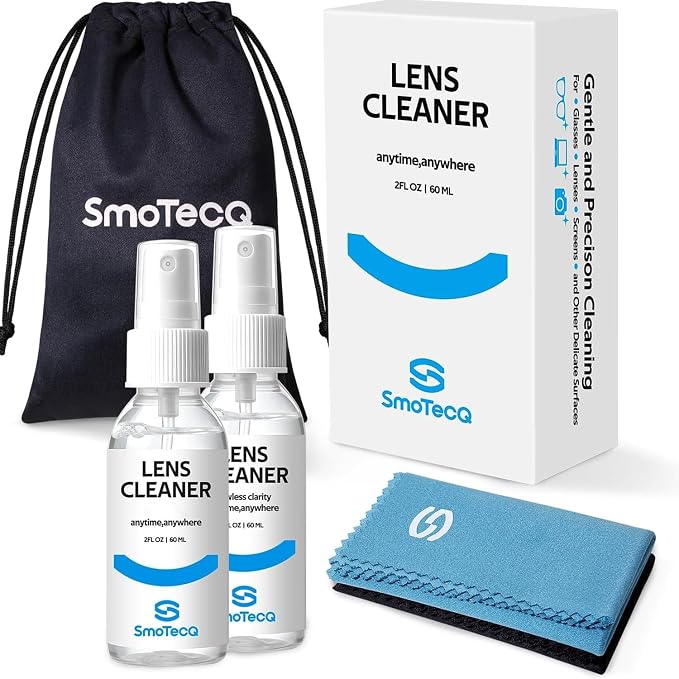 SmoTecQ Glasses Cleaner Kit – Alcohol-Free, Plant-Based Spray + Ultra-Soft Microfiber Cloths for Eyeglasses, Screens & Cameras – 2 x 2oz Spray Bottles + 2 Cloths + Travel Pouch Set