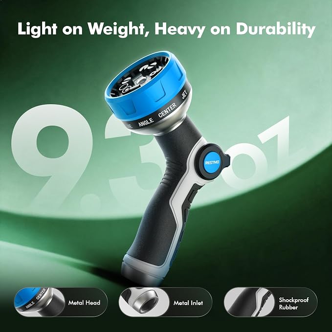 RESTMO 10-in-1 Water Hose Nozzle, Garden Hose Sprayer for Outdoor | 10 Spray Patterns, Lightweight, Thumb Control for Flow Adjustment, Ideal for Watering Plants & Lawns, Cars & Pets, Blue