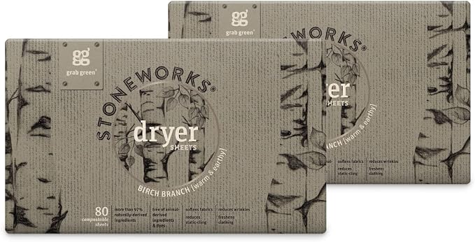 Grab Green Stoneworks Dryer Sheets, 160 Count, Birch Branch, Compostable | Softens fabrics; Reduces Static; Cruelty-free; Plant & Mineral Based; No Harsh Chemicals